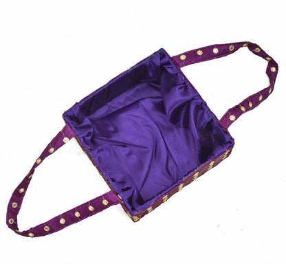 Purple Mirror Work Handle Basket | Handmade Decorative Gift & Storage Basket for Return Gifts, Puja & Festive Décor | Grownex Packaging | Basket & Tray