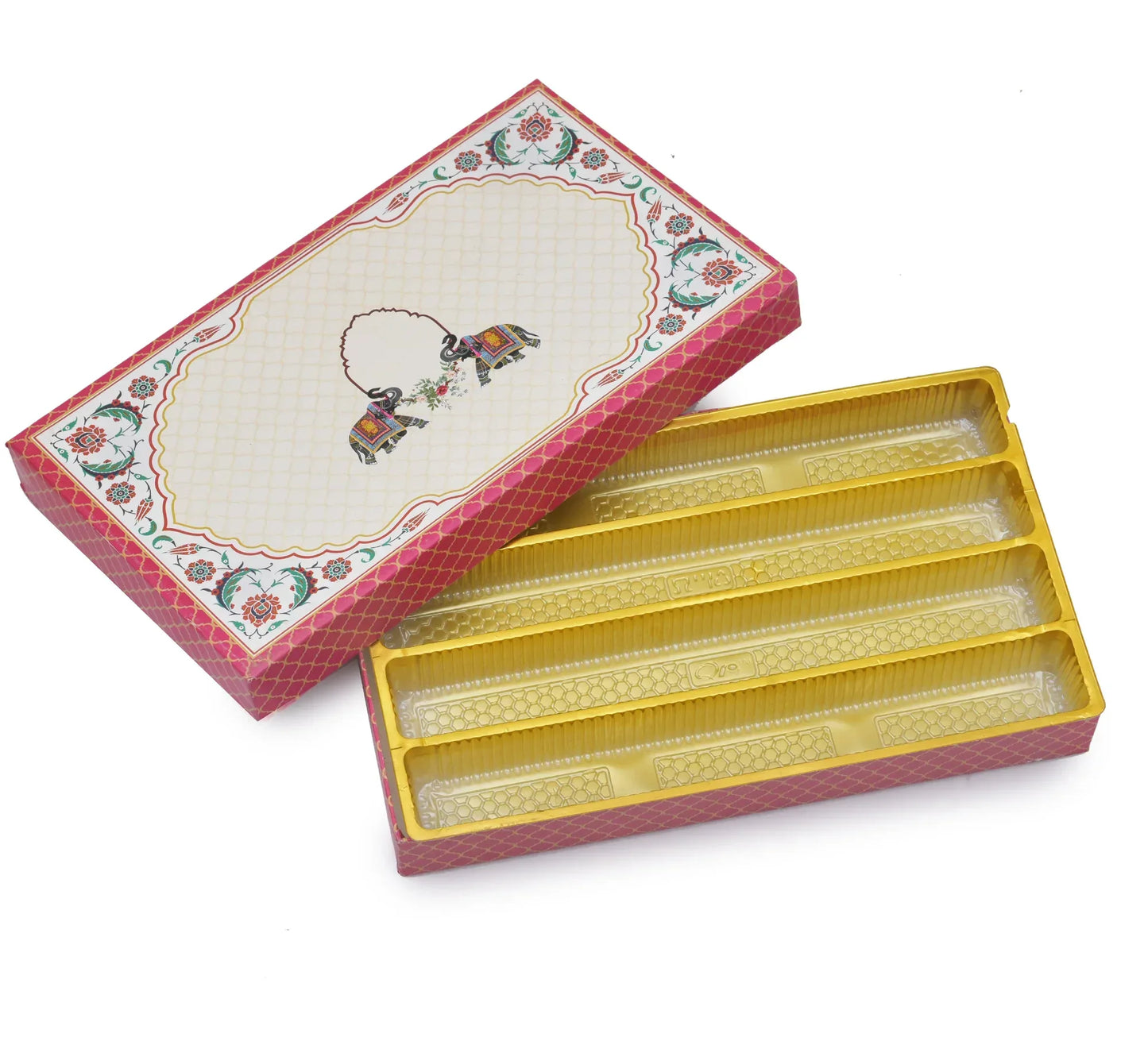 1 Kg Pink Elephant Print Premium Sweet Box with 4 Line Plastic Tray | Kappa Board Mithai Box | Grownex Packaging | Sweet Box