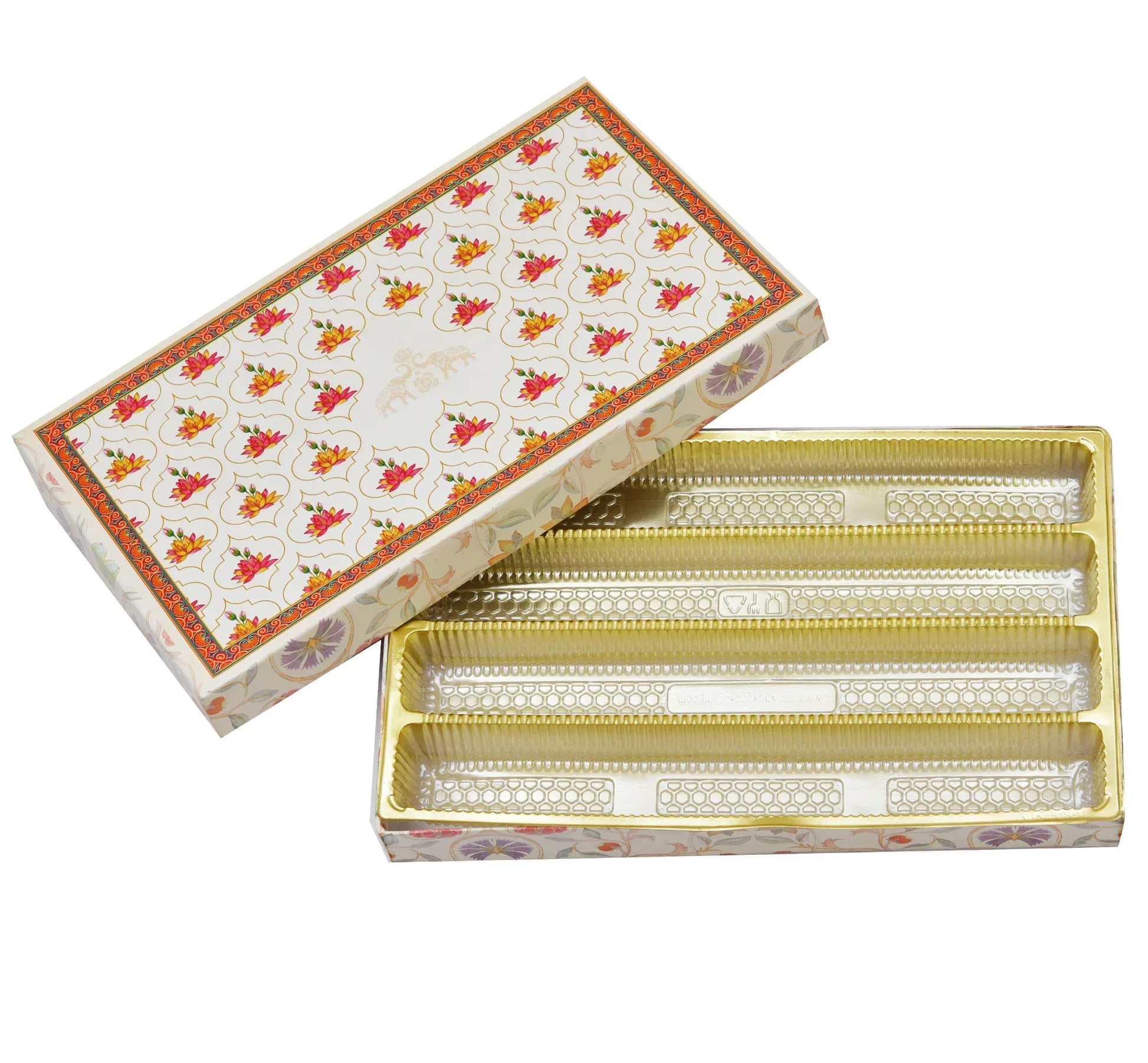 1 Kg Beige Lotus Print Premium Sweet Box with 4 Line Plastic Tray | Kappa Board Mithai Box | Grownex Packaging | Sweet Box