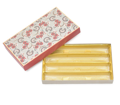 1 Kg Red-Green Flower Print Premium Sweet Box with 4 Line Plastic Tray | Grownex Packaging | Sweet Box
