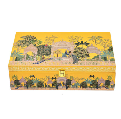 Vibrant Mustard Peacock Garden Luxury Gift Box – Premium Handcrafted Wooden Hamper with 20 Cavity Tray & 2 Glass Jars | Grownex Packaging | Hamper Box