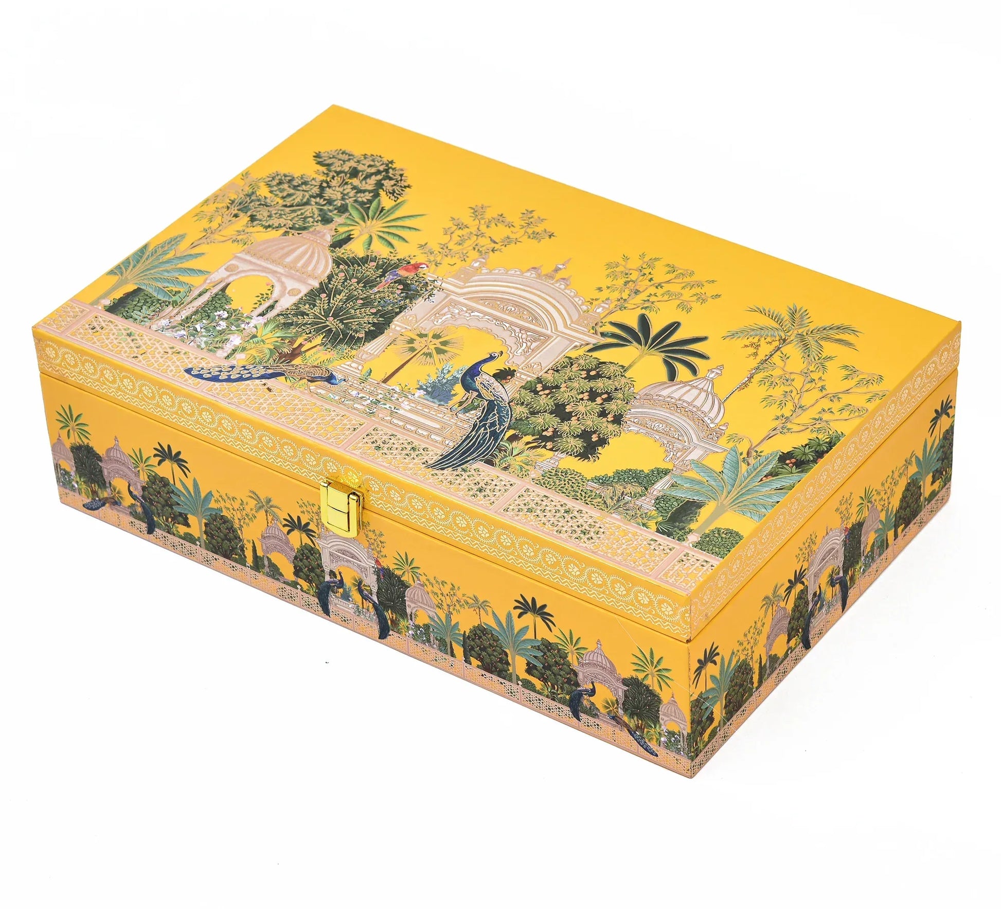 Vibrant Mustard Peacock Garden Luxury Gift Box – Premium Handcrafted Wooden Hamper with 20 Cavity Tray & 2 Glass Jars | Grownex Packaging | Hamper Box
