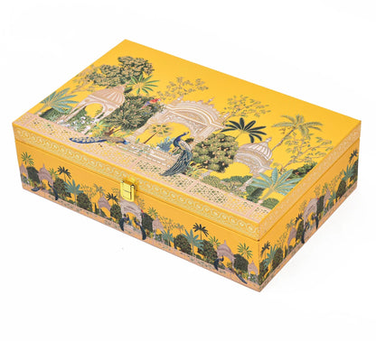 Vibrant Mustard Peacock Garden Luxury Gift Box – Premium Handcrafted Wooden Hamper with 20 Cavity Tray & 2 Glass Jars | Grownex Packaging | Hamper Box