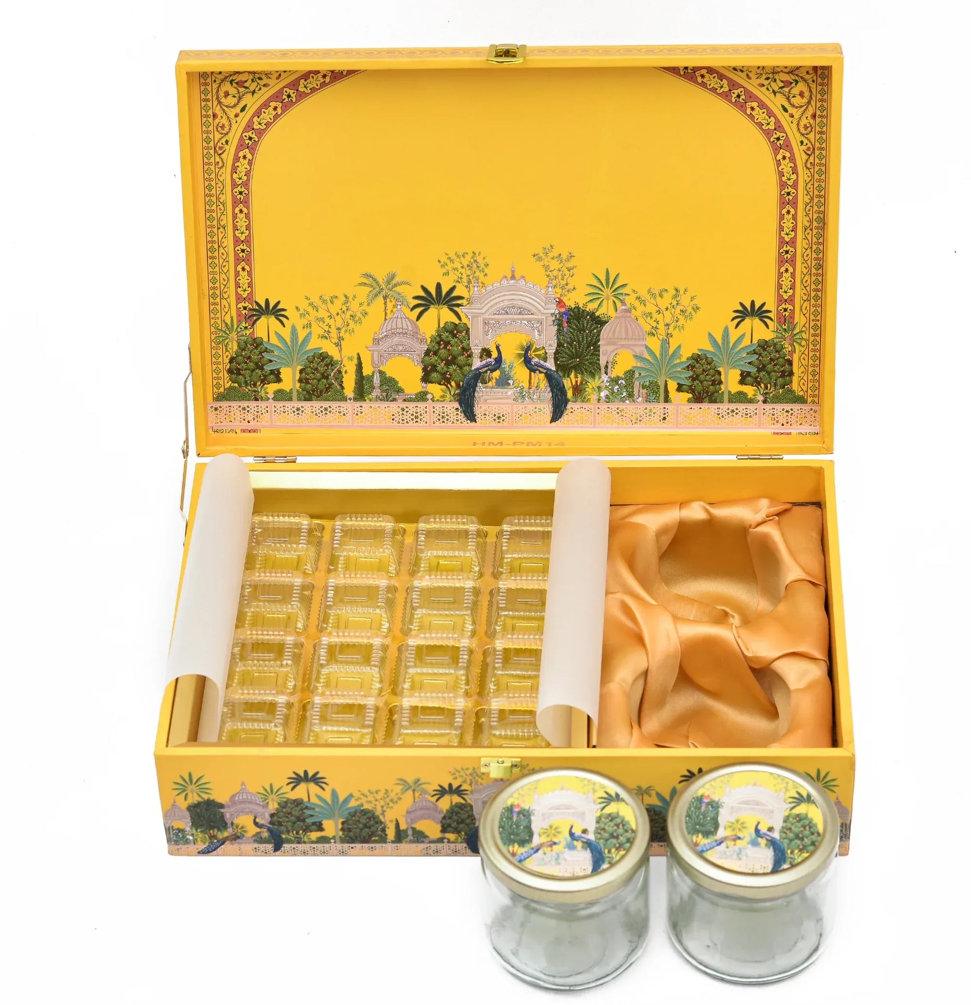 Vibrant Mustard Peacock Garden Luxury Gift Box – Premium Handcrafted Wooden Hamper with 20 Cavity Tray & 2 Glass Jars | Grownex Packaging | Hamper Box