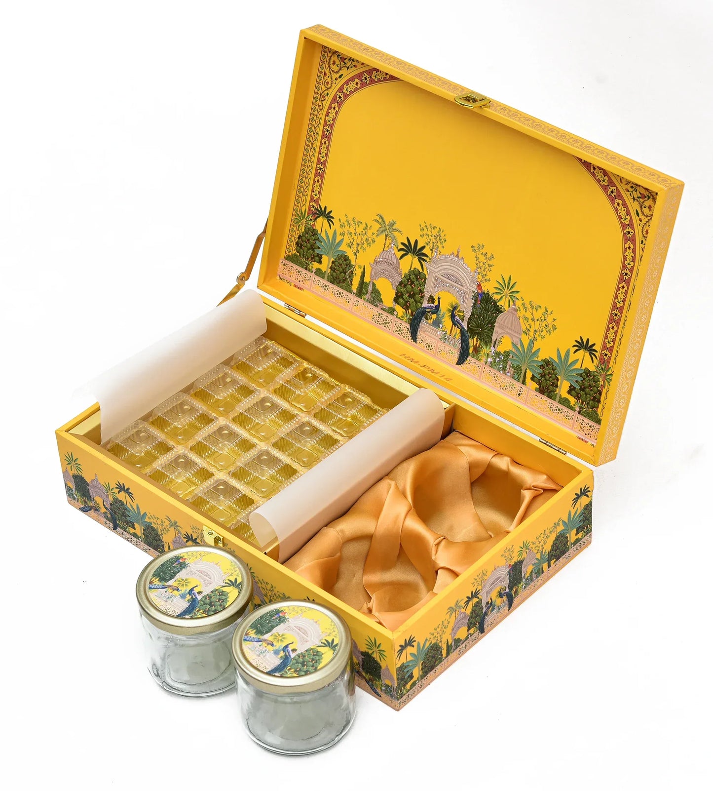 Vibrant Mustard Peacock Garden Luxury Gift Box – Premium Handcrafted Wooden Hamper with 20 Cavity Tray & 2 Glass Jars | Grownex Packaging | Hamper Box