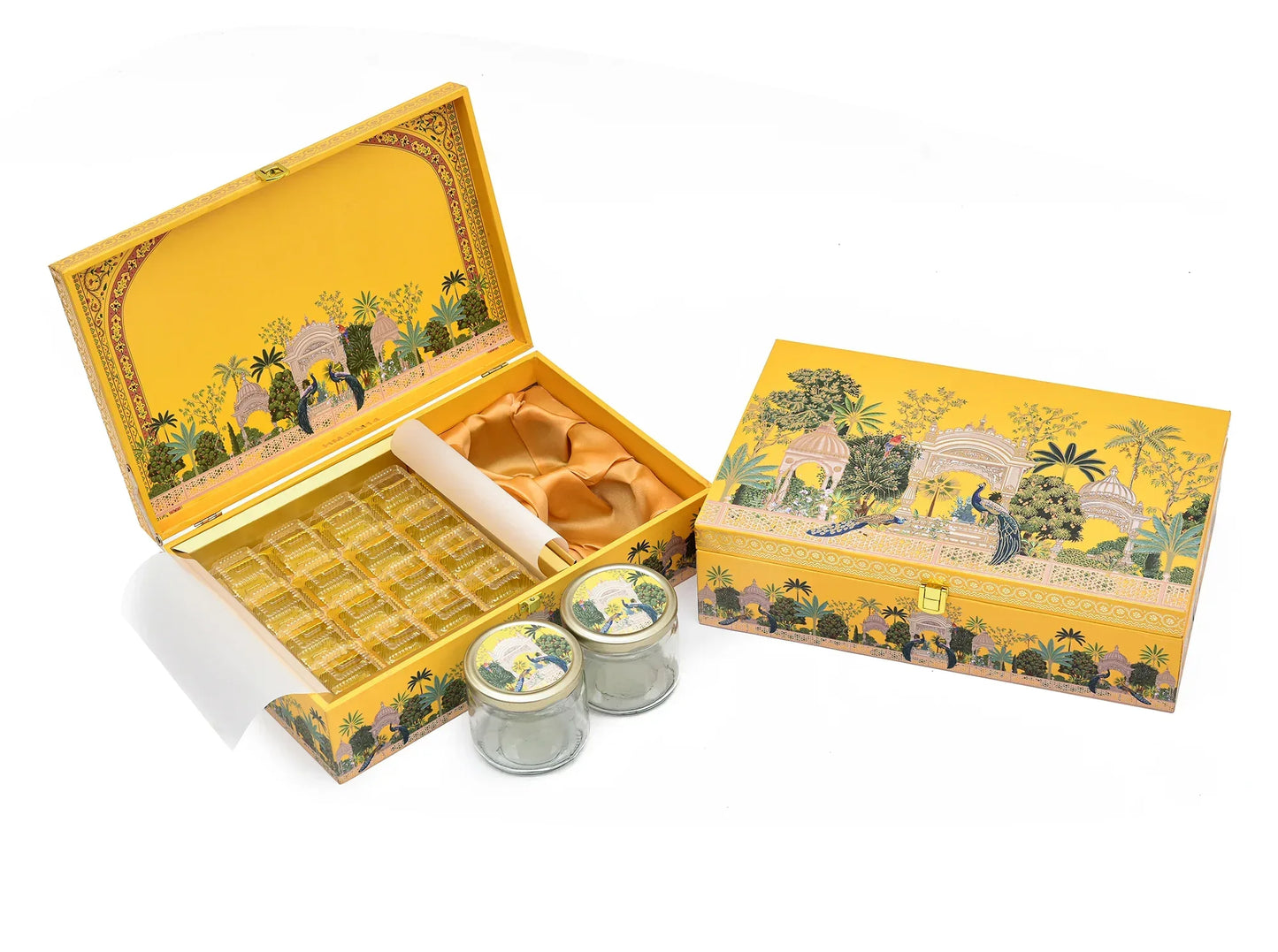 Vibrant Mustard Peacock Garden Luxury Gift Box – Premium Handcrafted Wooden Hamper with 20 Cavity Tray & 2 Glass Jars | Grownex Packaging | Hamper Box