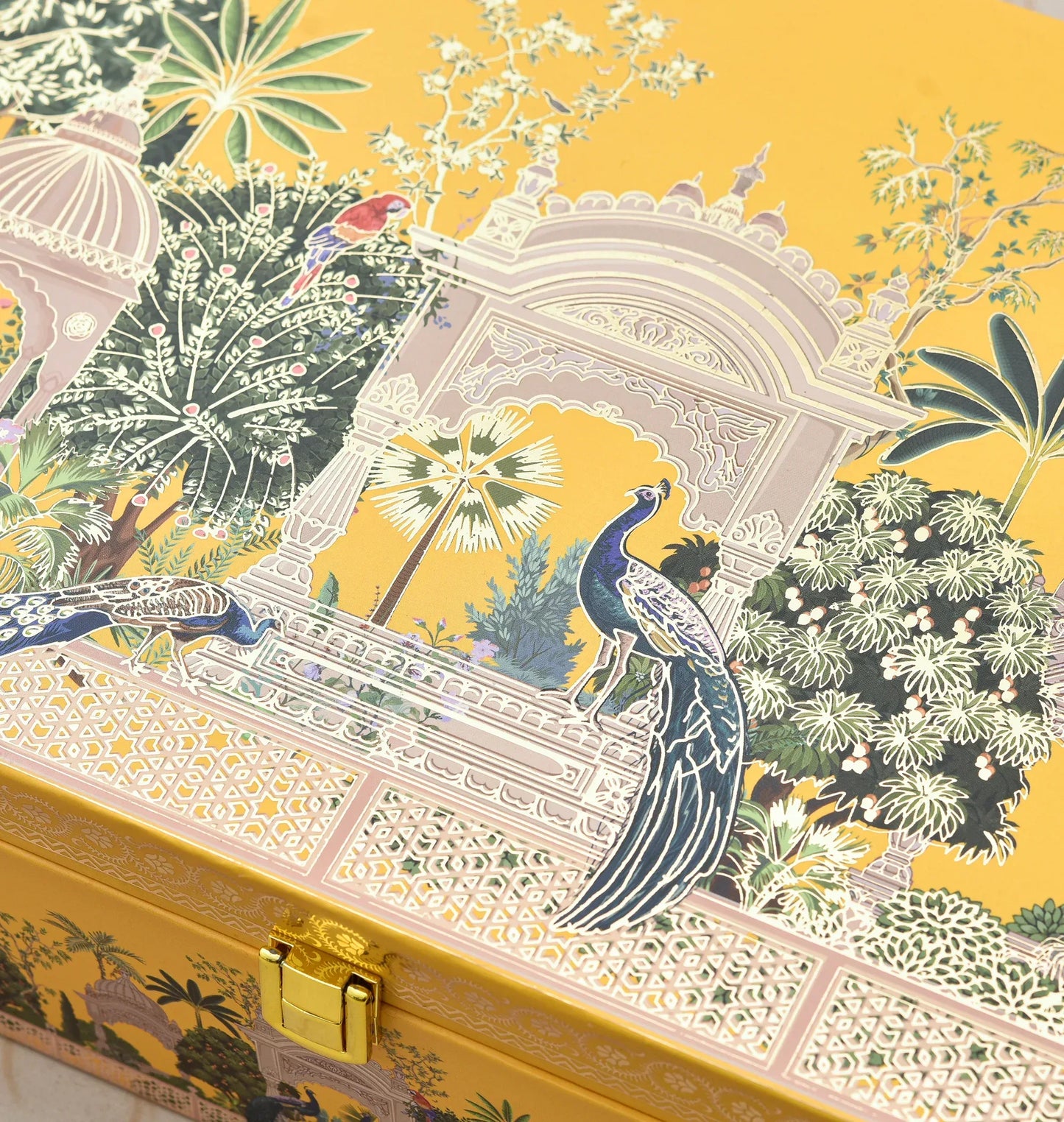 Vibrant Mustard Peacock Garden Luxury Gift Box – Premium Handcrafted Wooden Hamper with 20 Cavity Tray & 2 Glass Jars | Grownex Packaging | Hamper Box