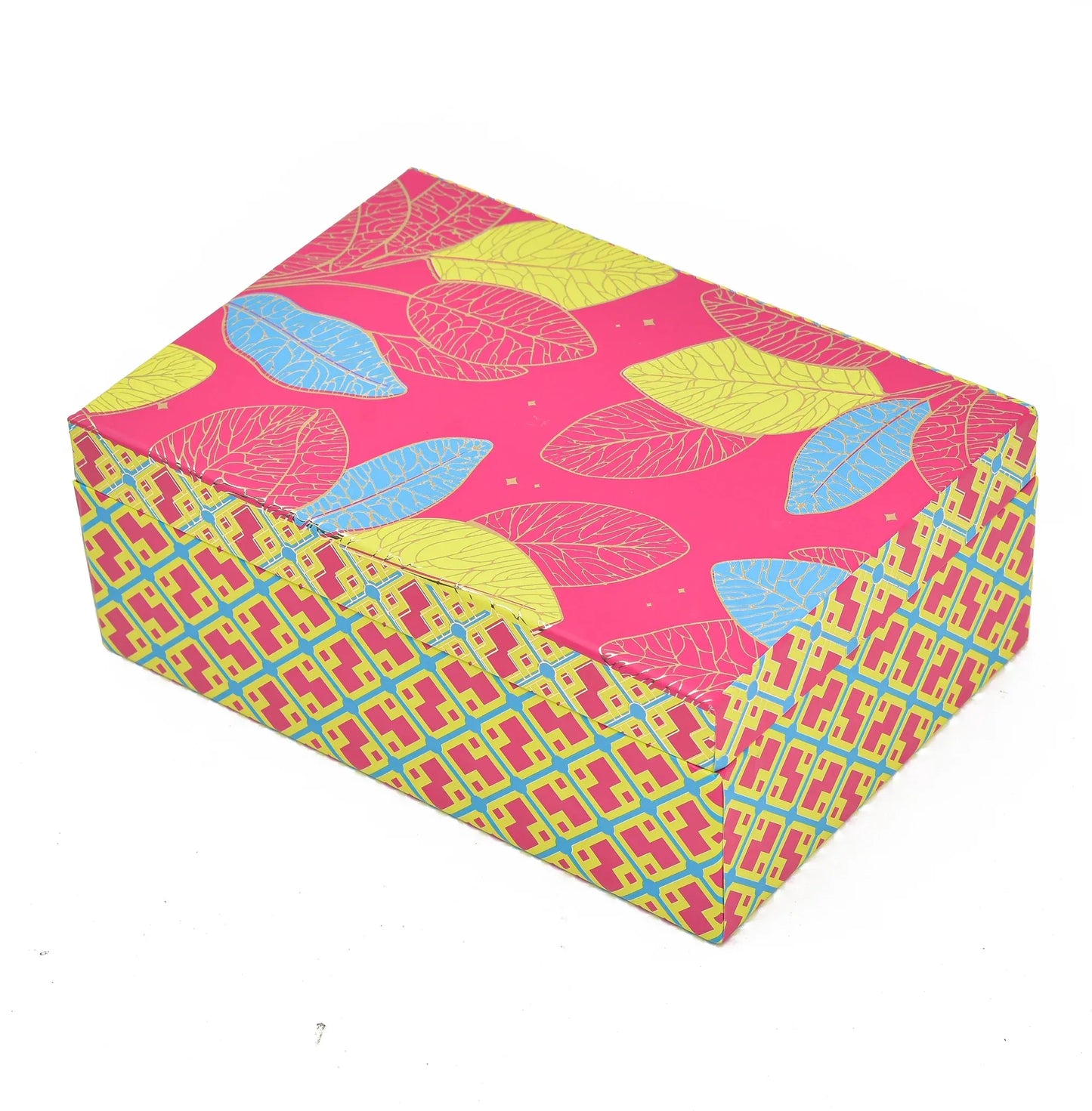 Vibrant Pink Tropical Leaf Luxury Rigid Gift Box – Premium Kappa Board Hamper with 5-Cavity Tray & Dual Glass Jars | Grownex Packaging | Hamper Box