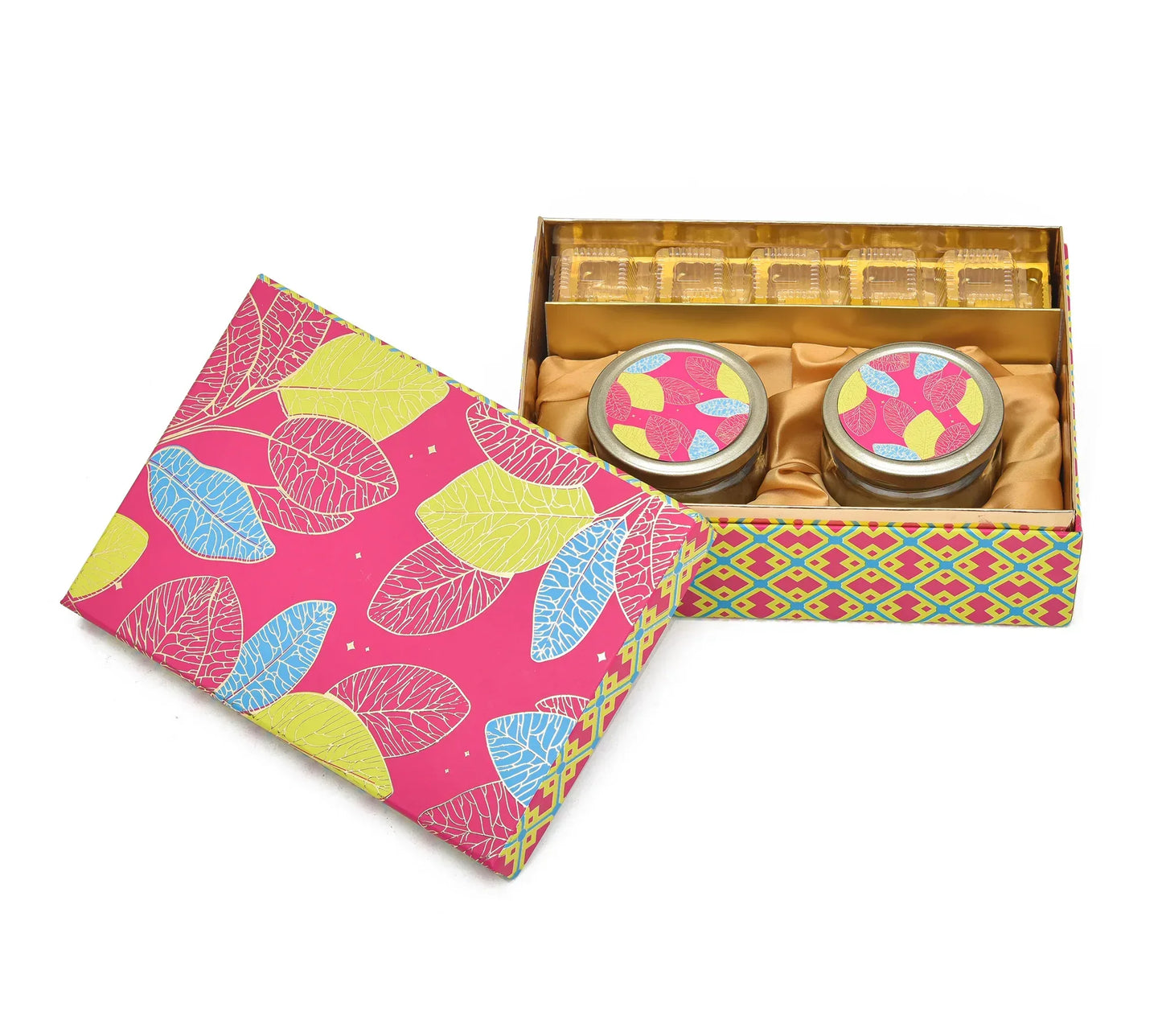 Vibrant Pink Tropical Leaf Luxury Rigid Gift Box – Premium Kappa Board Hamper with 5-Cavity Tray & Dual Glass Jars | Grownex Packaging | Hamper Box