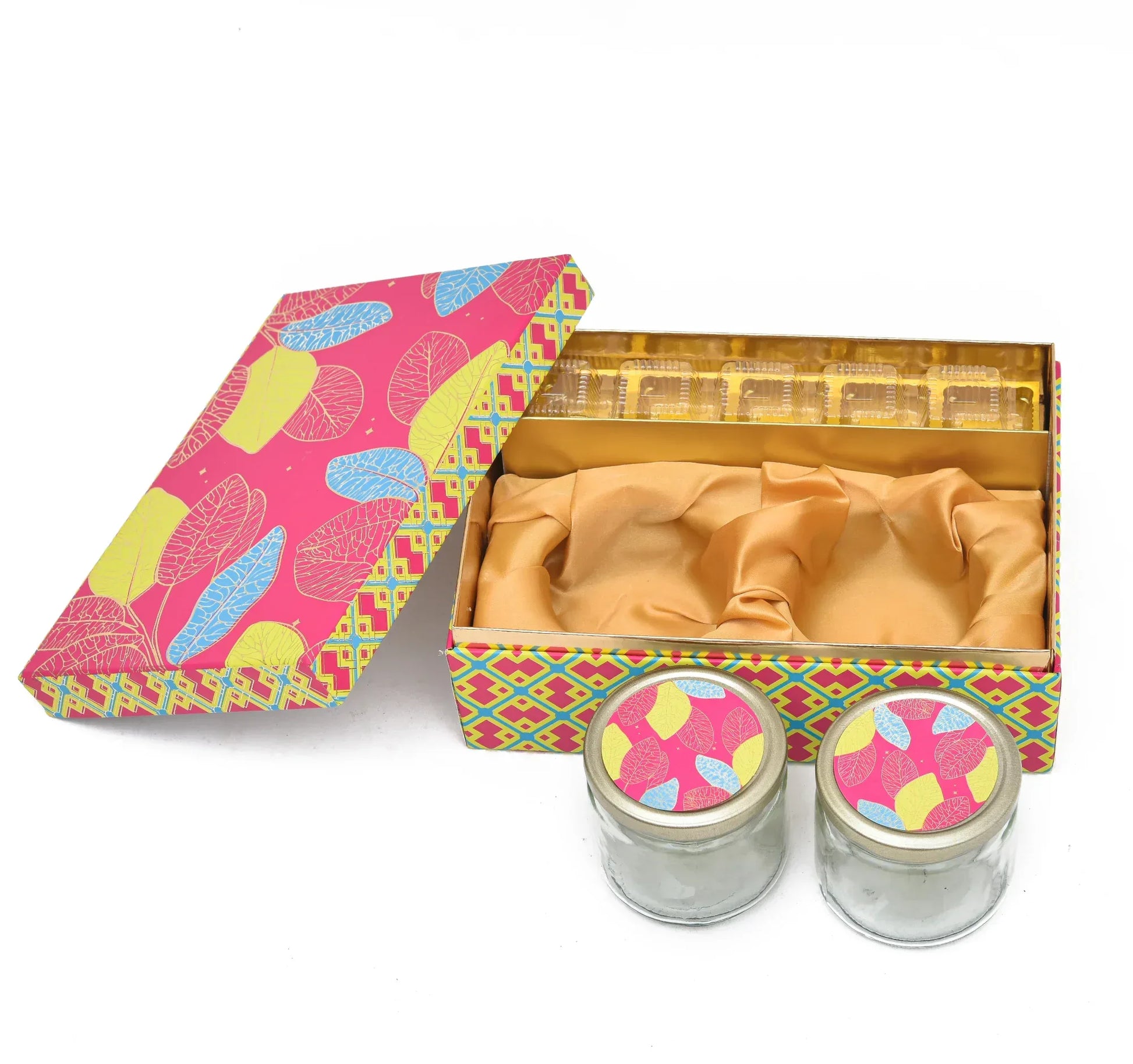 Vibrant Pink Tropical Leaf Luxury Rigid Gift Box – Premium Kappa Board Hamper with 5-Cavity Tray & Dual Glass Jars | Grownex Packaging | Hamper Box