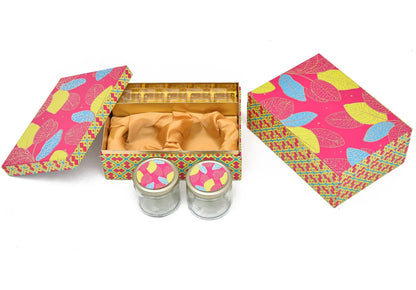Vibrant Pink Tropical Leaf Luxury Rigid Gift Box – Premium Kappa Board Hamper with 5-Cavity Tray & Dual Glass Jars | Grownex Packaging | Hamper Box