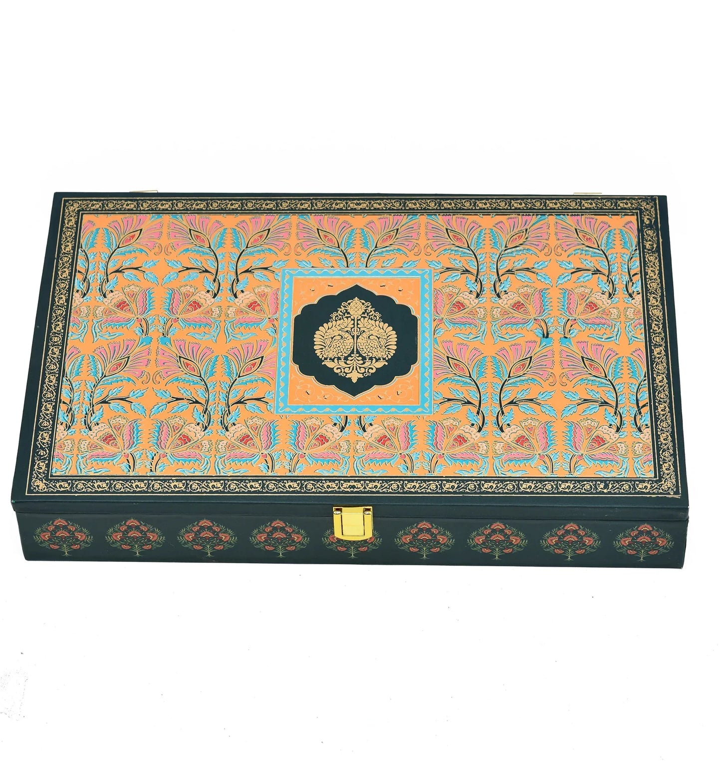 Royal Floral Heritage Luxury Mithai Gift Box with Golden Trays – Green & Orange | Grownex Packaging | Hamper Box