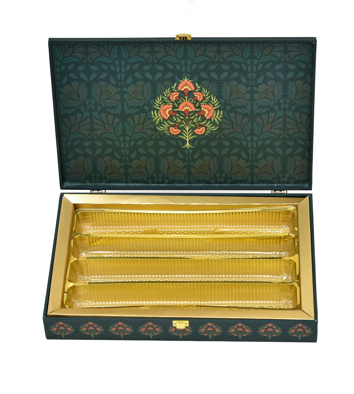Royal Floral Heritage Luxury Mithai Gift Box with Golden Trays – Green & Orange | Grownex Packaging | Hamper Box