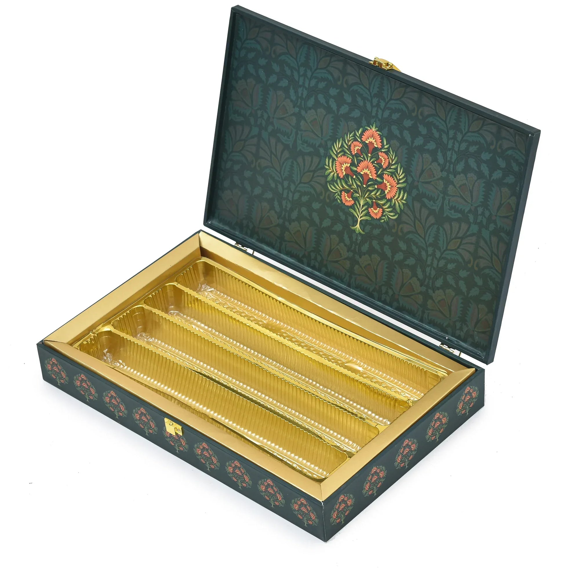 Royal Floral Heritage Luxury Mithai Gift Box with Golden Trays – Green & Orange | Grownex Packaging | Hamper Box