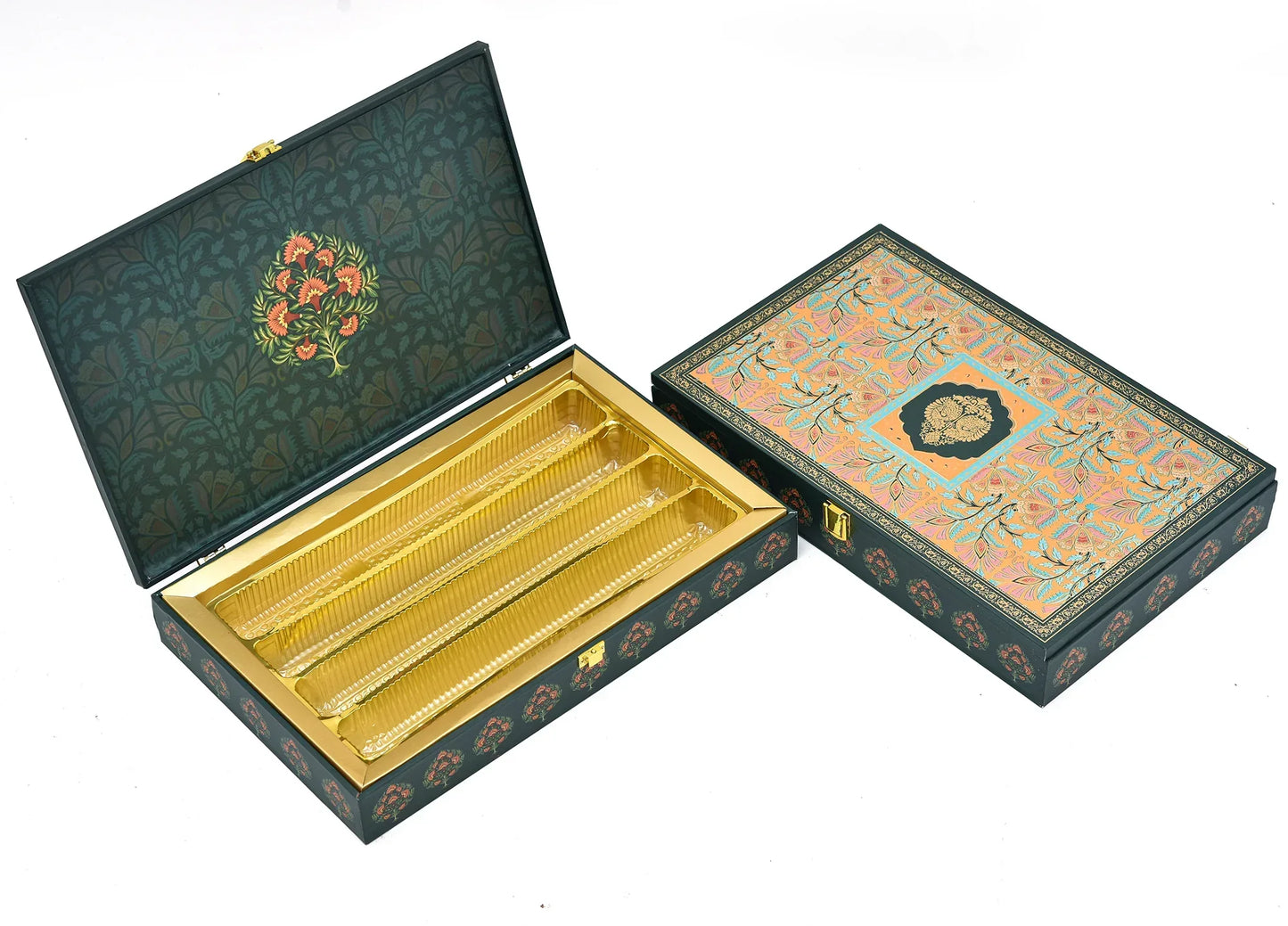 Royal Floral Heritage Luxury Mithai Gift Box with Golden Trays – Green & Orange | Grownex Packaging | Hamper Box