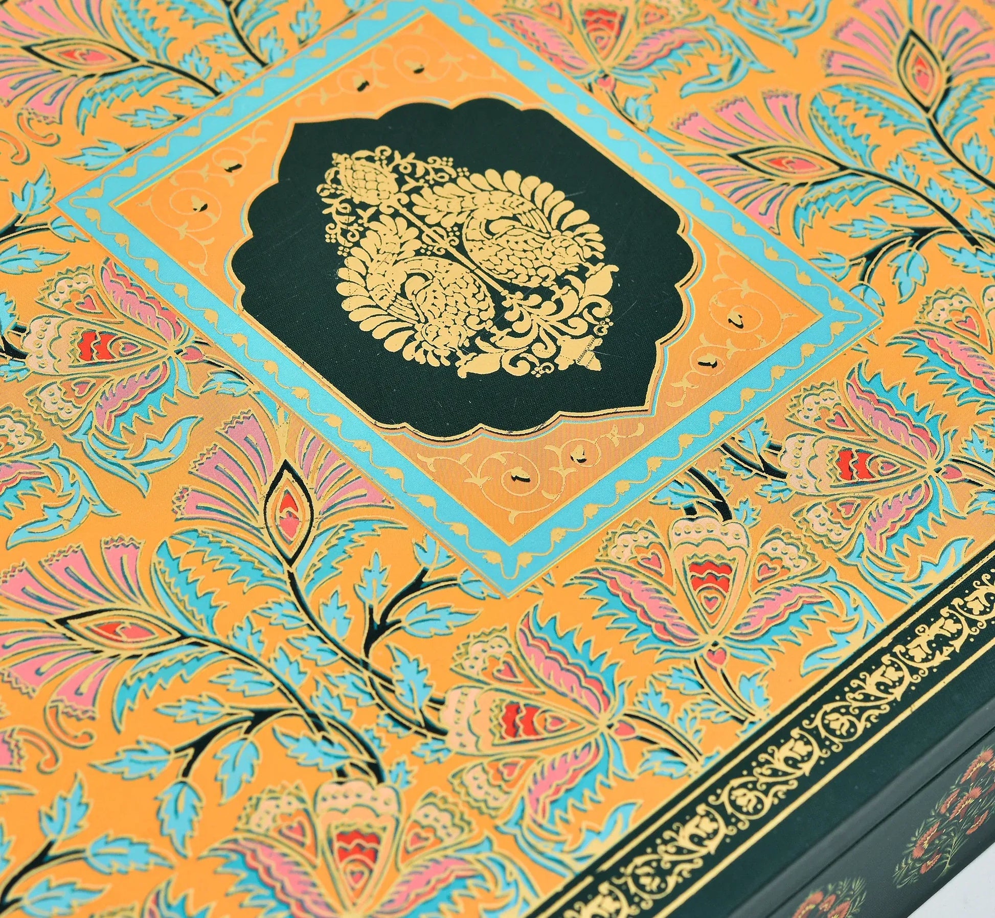 Royal Floral Heritage Luxury Mithai Gift Box with Golden Trays – Green & Orange | Grownex Packaging | Hamper Box