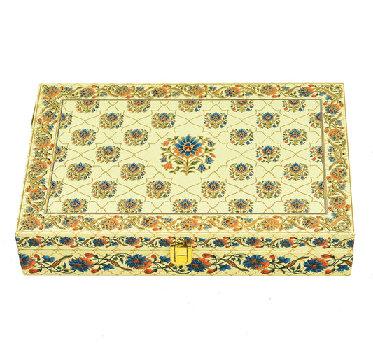 Royal Floral Premium Mithai Gift Box with Lock & 6 Golden Containers – Cream Multicolor | Grownex Packaging | Hamper Box