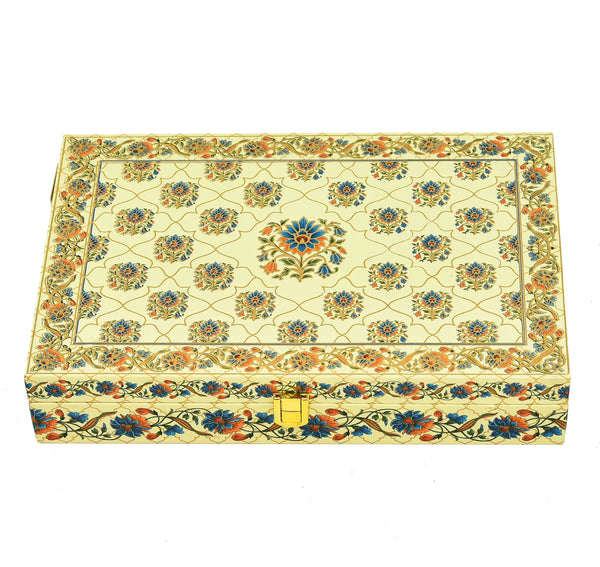 Royal Floral Premium Mithai Gift Box with Lock & 6 Golden Containers – Cream Multicolor | Grownex Packaging | Hamper Box