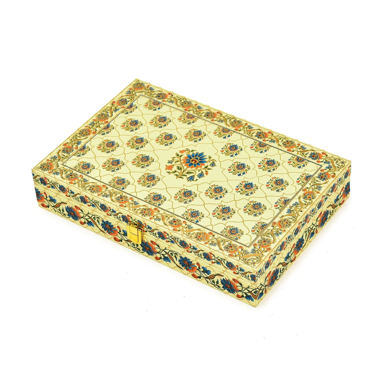 Royal Floral Premium Mithai Gift Box with Lock & 6 Golden Containers – Cream Multicolor | Grownex Packaging | Hamper Box
