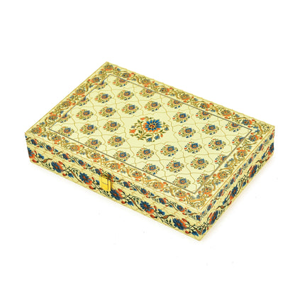 Royal Floral Premium Mithai Gift Box with Lock & 6 Golden Containers – Cream Multicolor | Grownex Packaging | Hamper Box