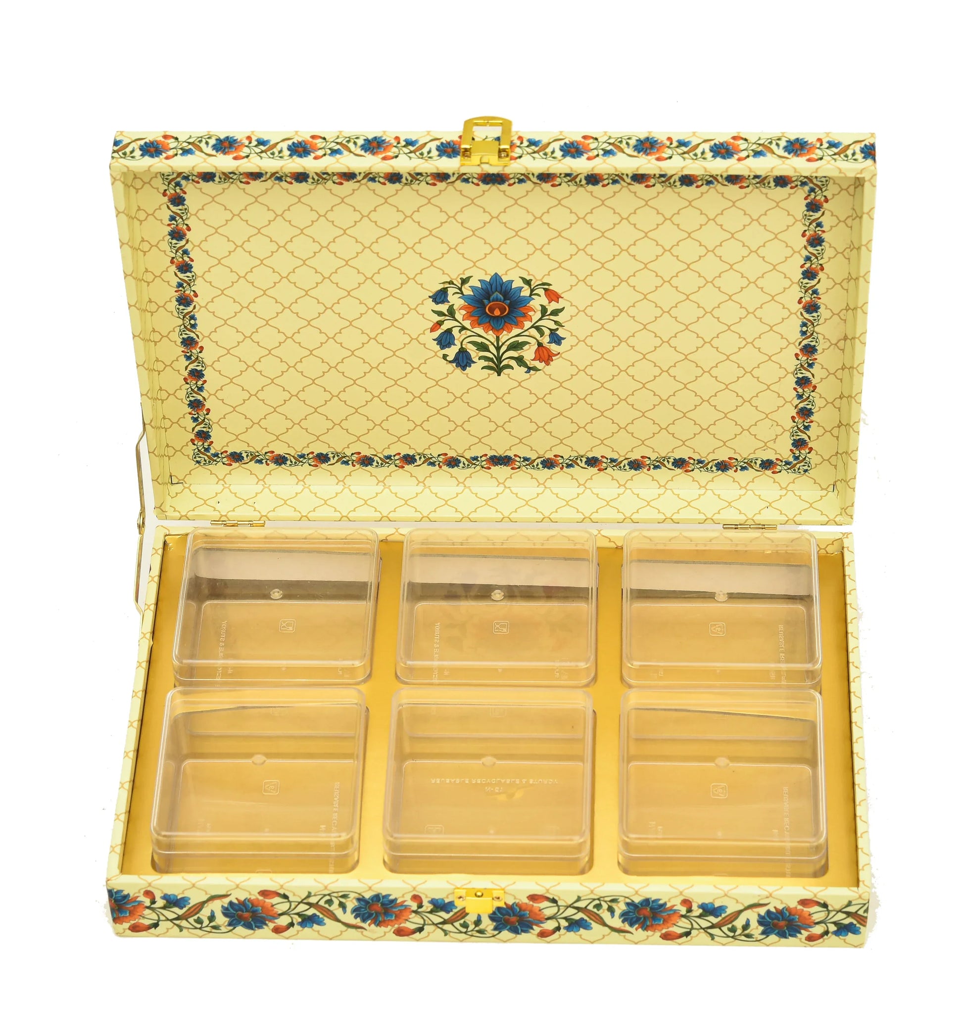 Royal Floral Premium Mithai Gift Box with Lock & 6 Golden Containers – Cream Multicolor | Grownex Packaging | Hamper Box