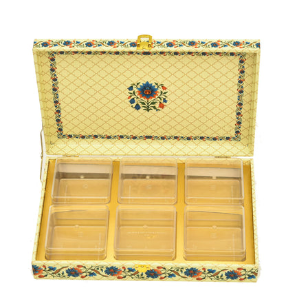 Royal Floral Premium Mithai Gift Box with Lock & 6 Golden Containers – Cream Multicolor | Grownex Packaging | Hamper Box