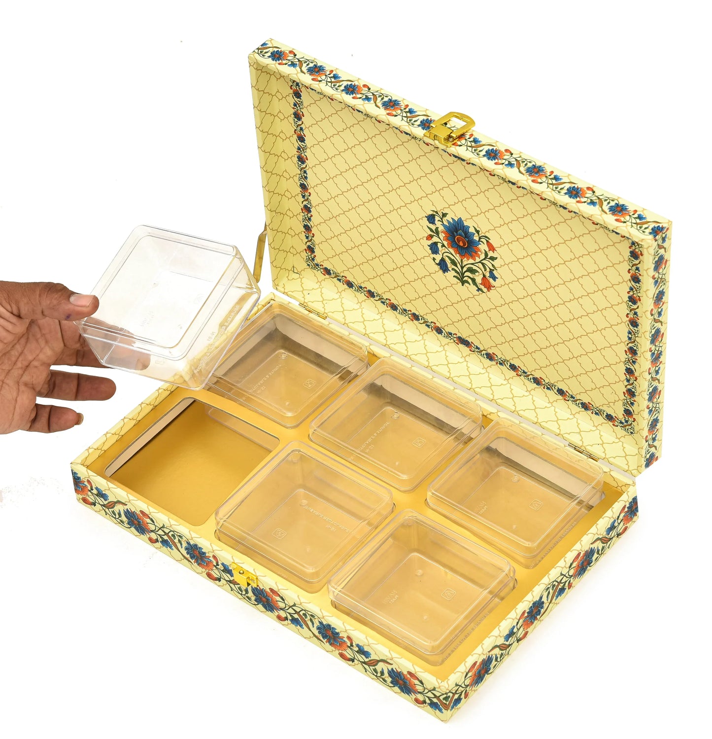 Royal Floral Premium Mithai Gift Box with Lock & 6 Golden Containers – Cream Multicolor | Grownex Packaging | Hamper Box