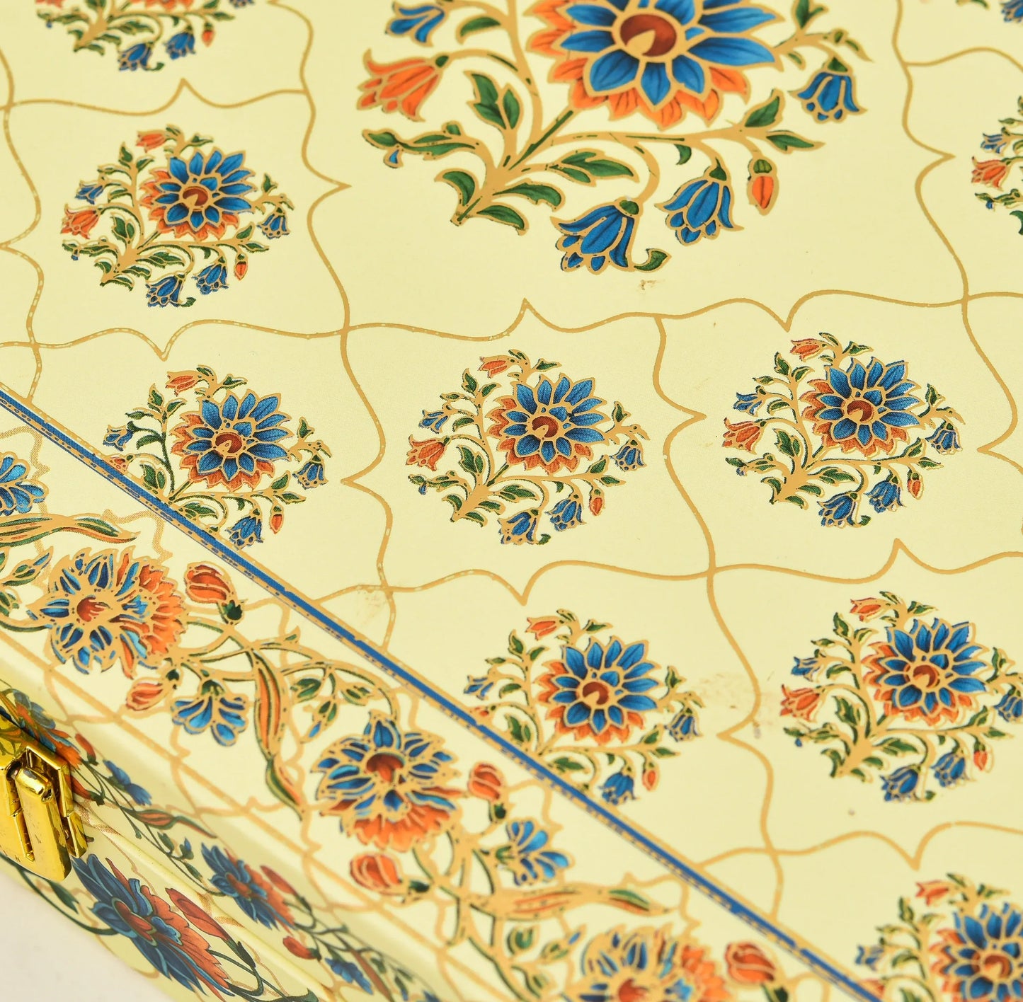Royal Floral Premium Mithai Gift Box with Lock & 6 Golden Containers – Cream Multicolor | Grownex Packaging | Hamper Box