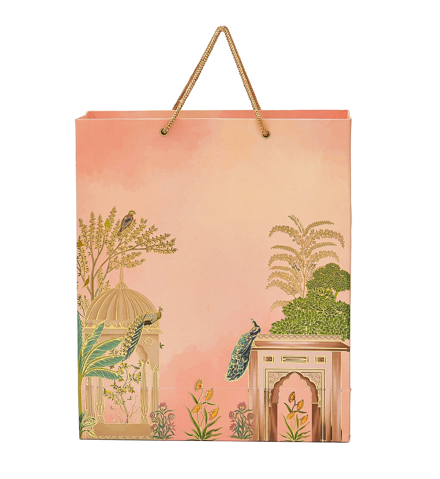 Pink Peacock Foil Print Paper Bag 10.5x4x12.5 inch