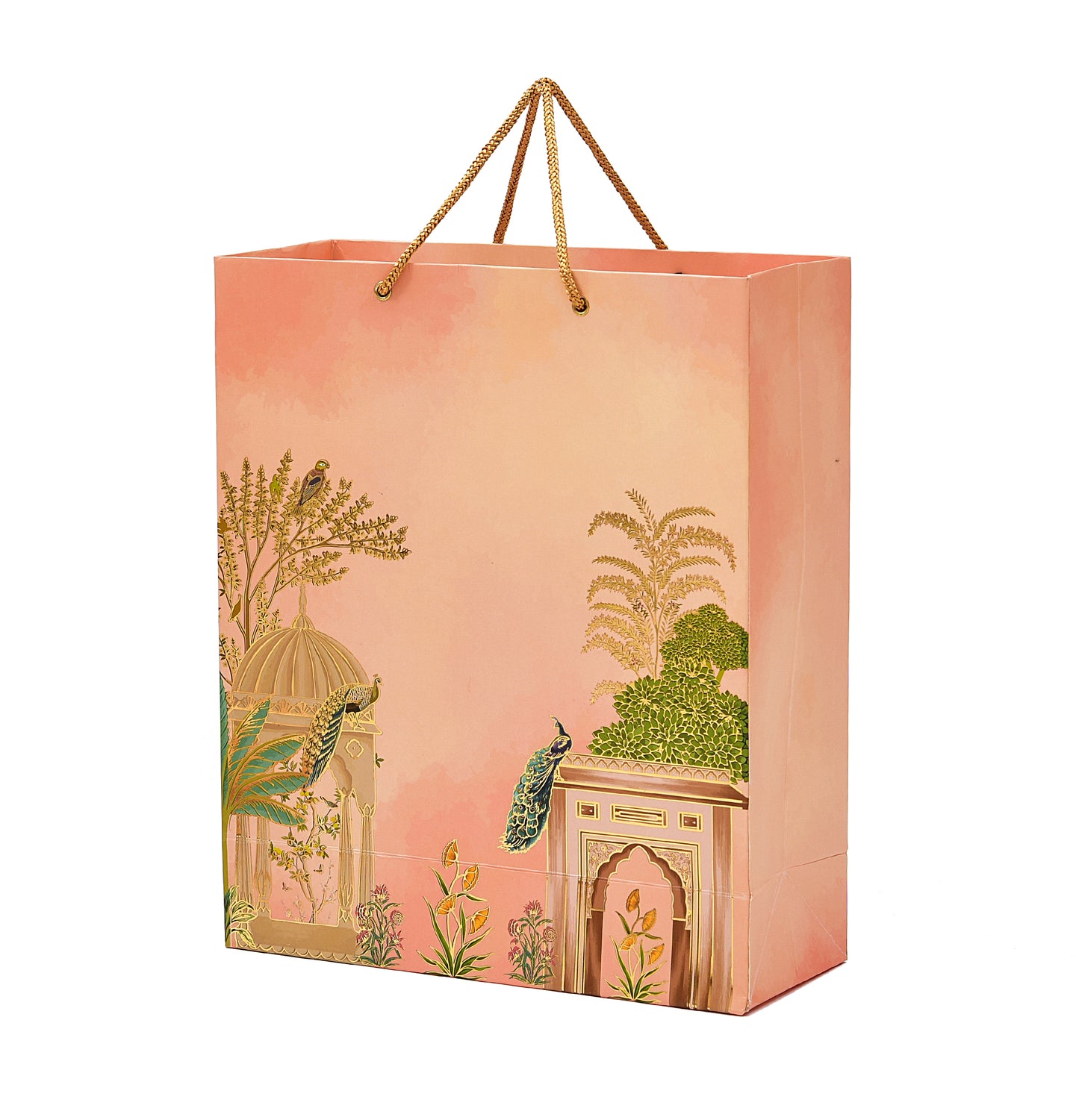 Pink Peacock Foil Print Paper Bag 10.5x4x12.5 inch