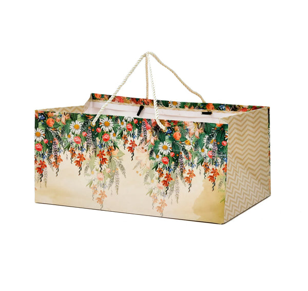 Beige Floral Print 13x8.5x6 inch Paper Bag | Grownex Packaging | paper bags