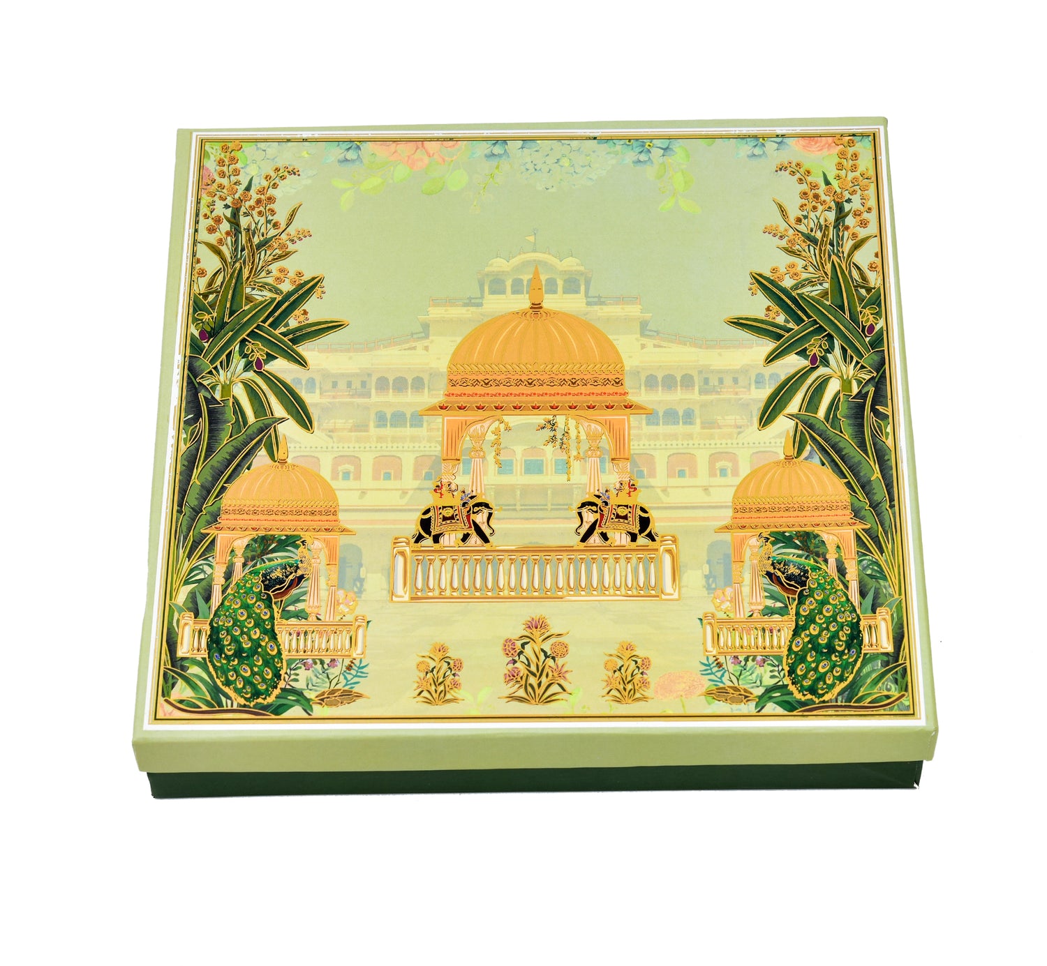 Green Peacock Print Lawana Sweet Box Lid Pattern (5 Partitions Tray) | Grownex Packaging | Sweet Box