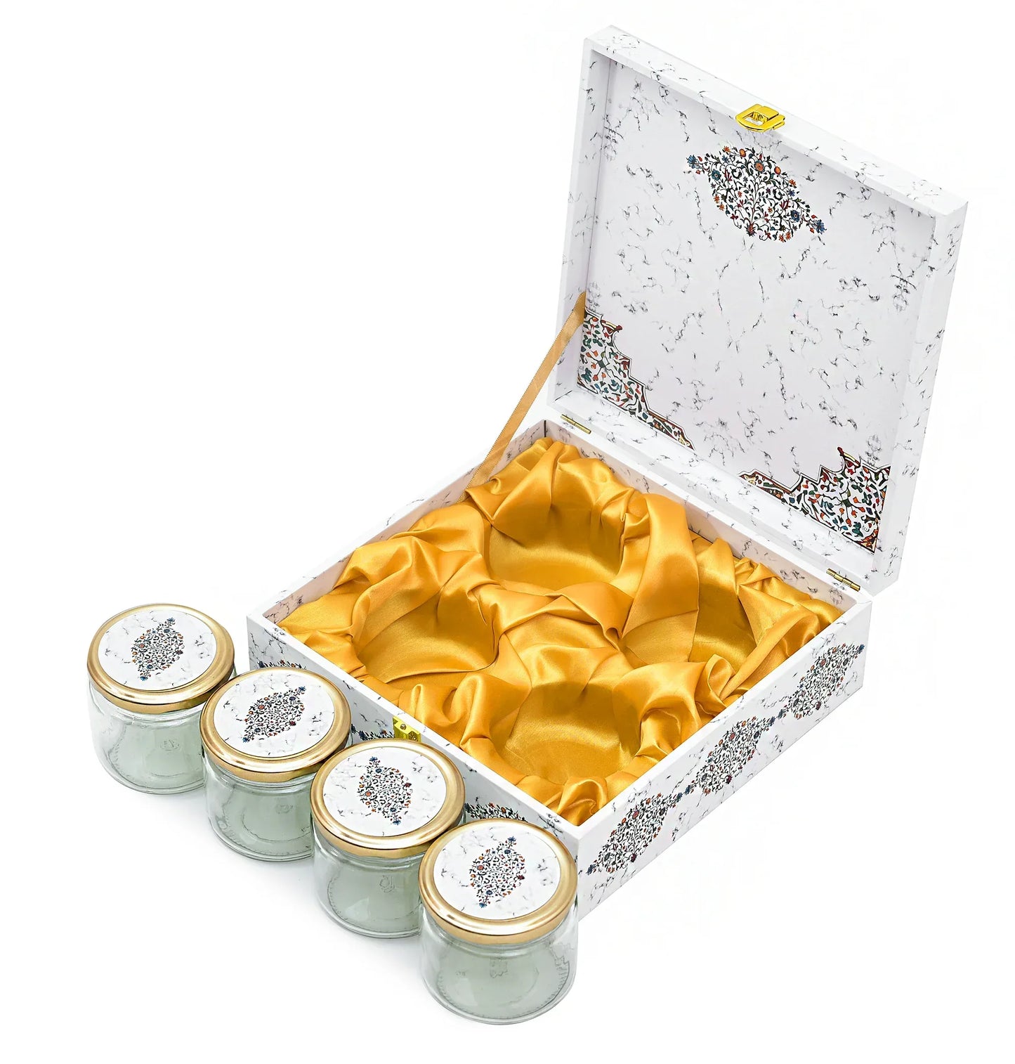 Luxury White Marble Gifting Combo — Envelope + Paper Bag + 4 Jar Wooden Box | Grownex Packaging | Hamper Box