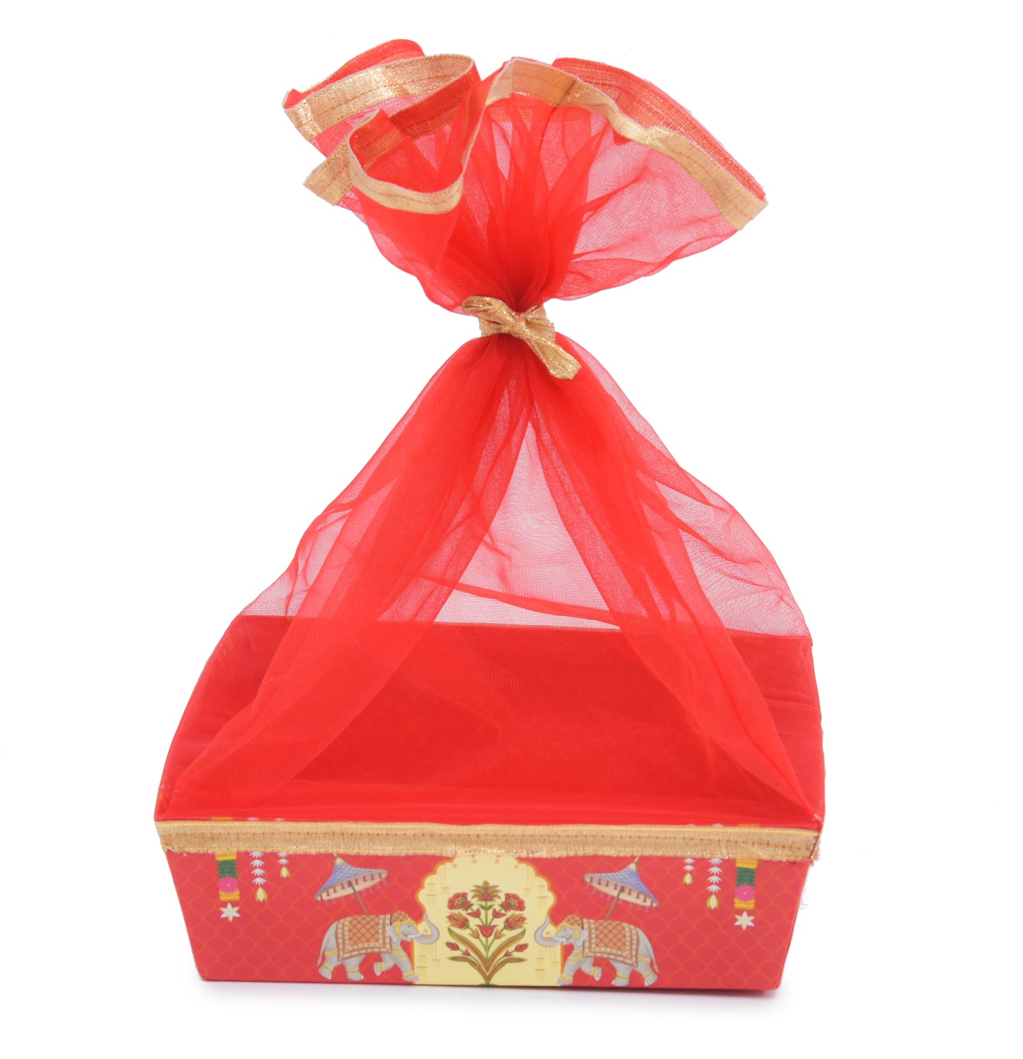 Red Elephnat Print Cardboard Basket - 8x8x2.75 Inches