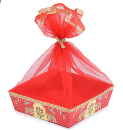 Red Elephnat Print Cardboard Basket - 8x8x2.75 Inches