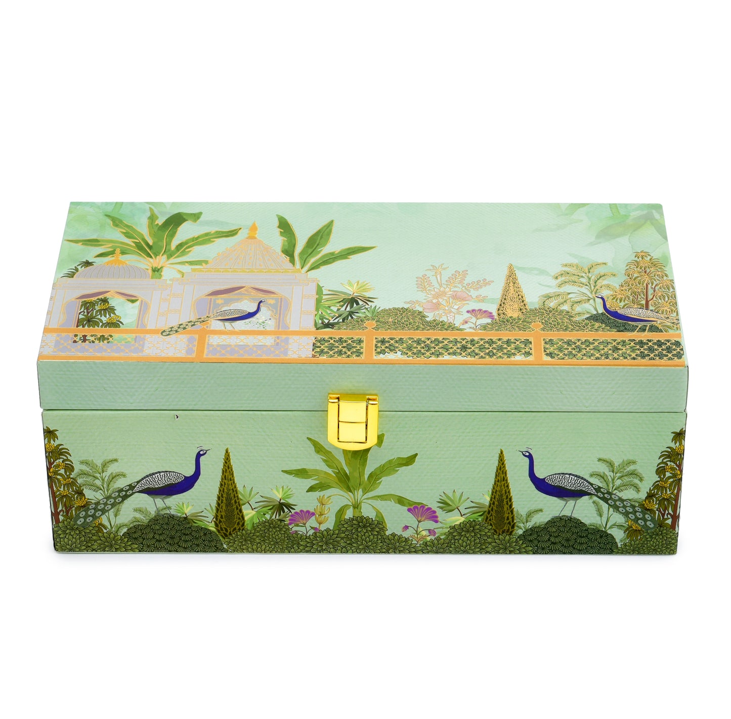 2 Jar Green Peacock Print Wooden Box