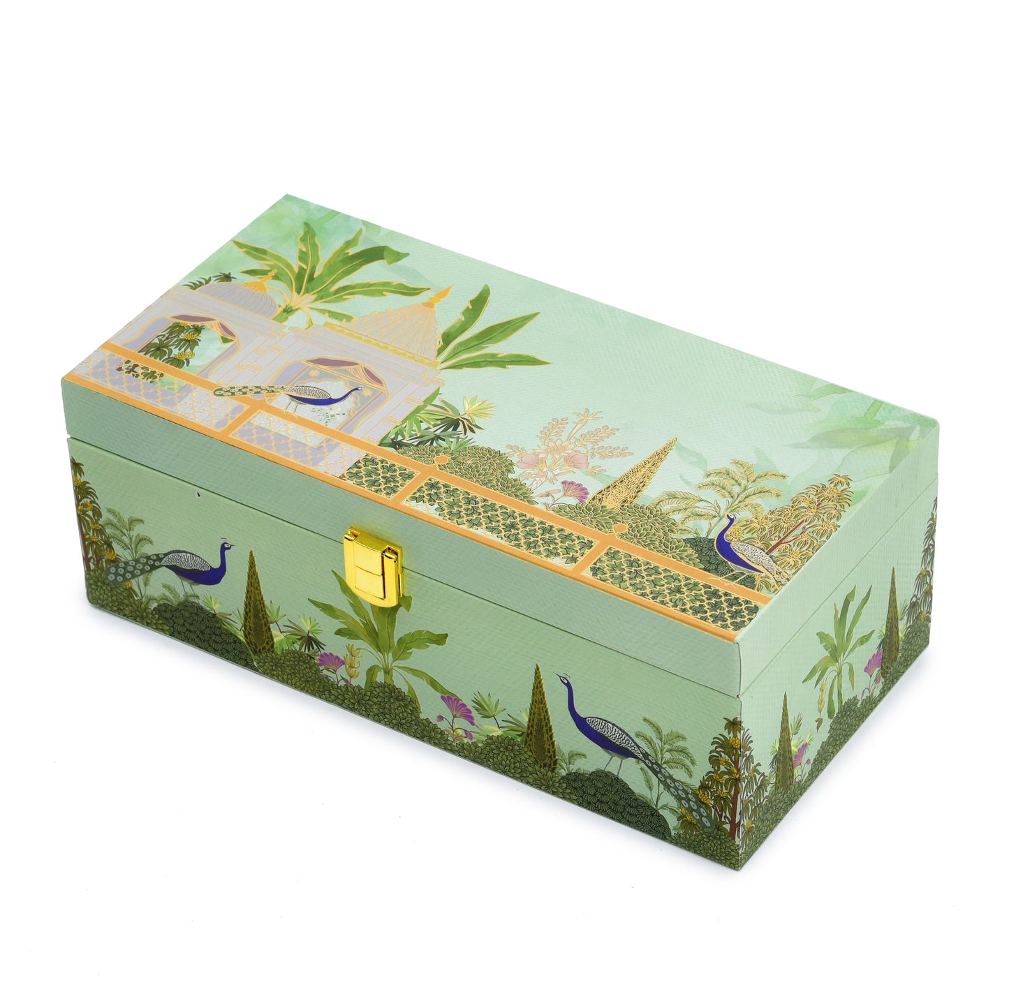 2 Jar Green Peacock Print Wooden Box