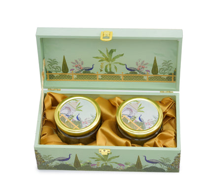 2 Jar Green Peacock Print Wooden Box