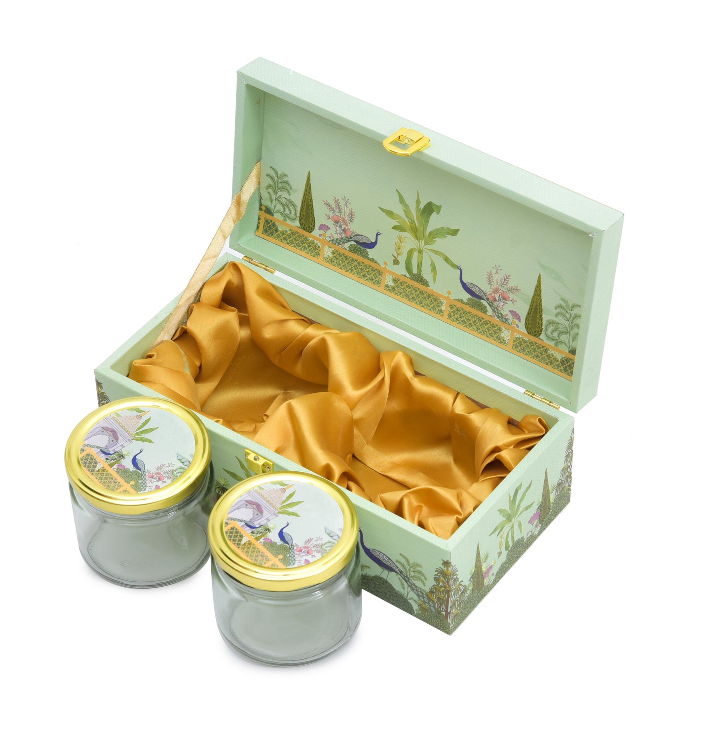 2 Jar Green Peacock Print Wooden Box