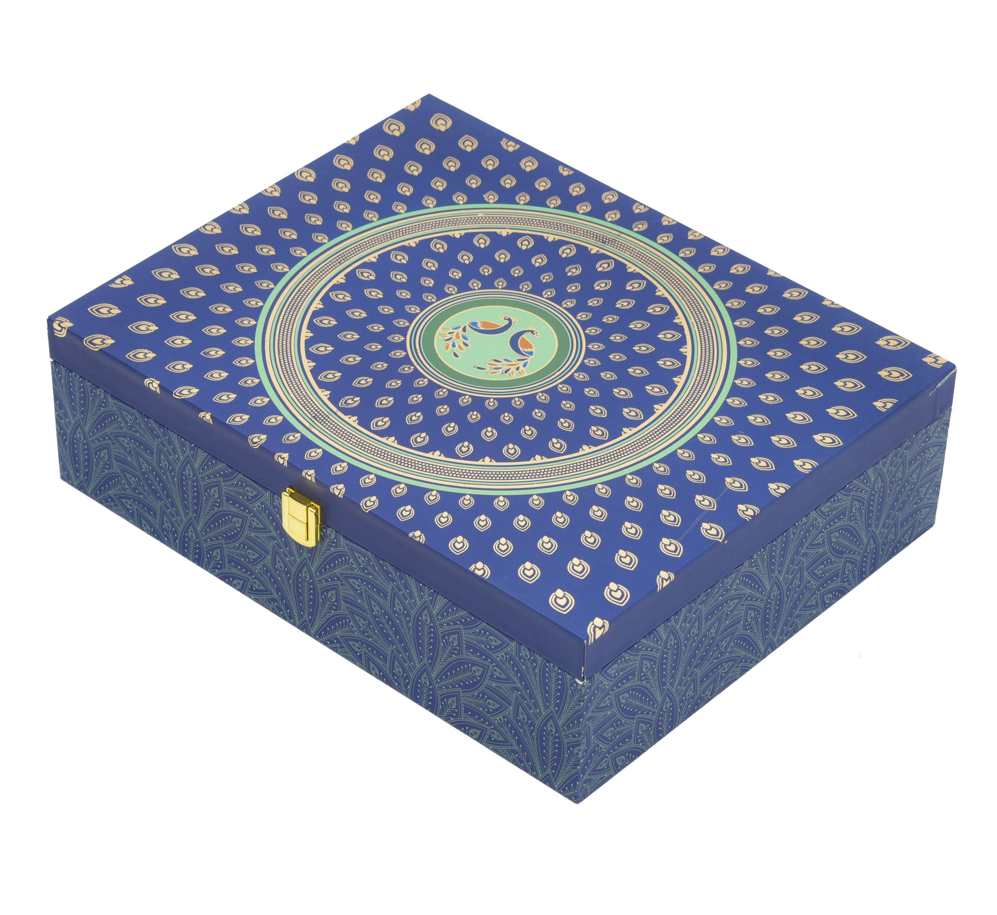 6 Jar Blue Peacock Print Wooden Box