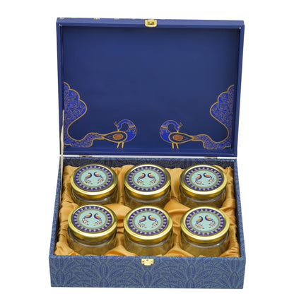 6 Jar Blue Peacock Print Wooden Box