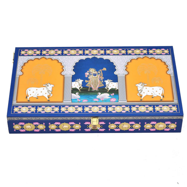 Royal Blue Krishna Wooden Diwali Gift Box | Premium Festive Packaging for Sweets & Hampers | Grownex Packaging | wooden box