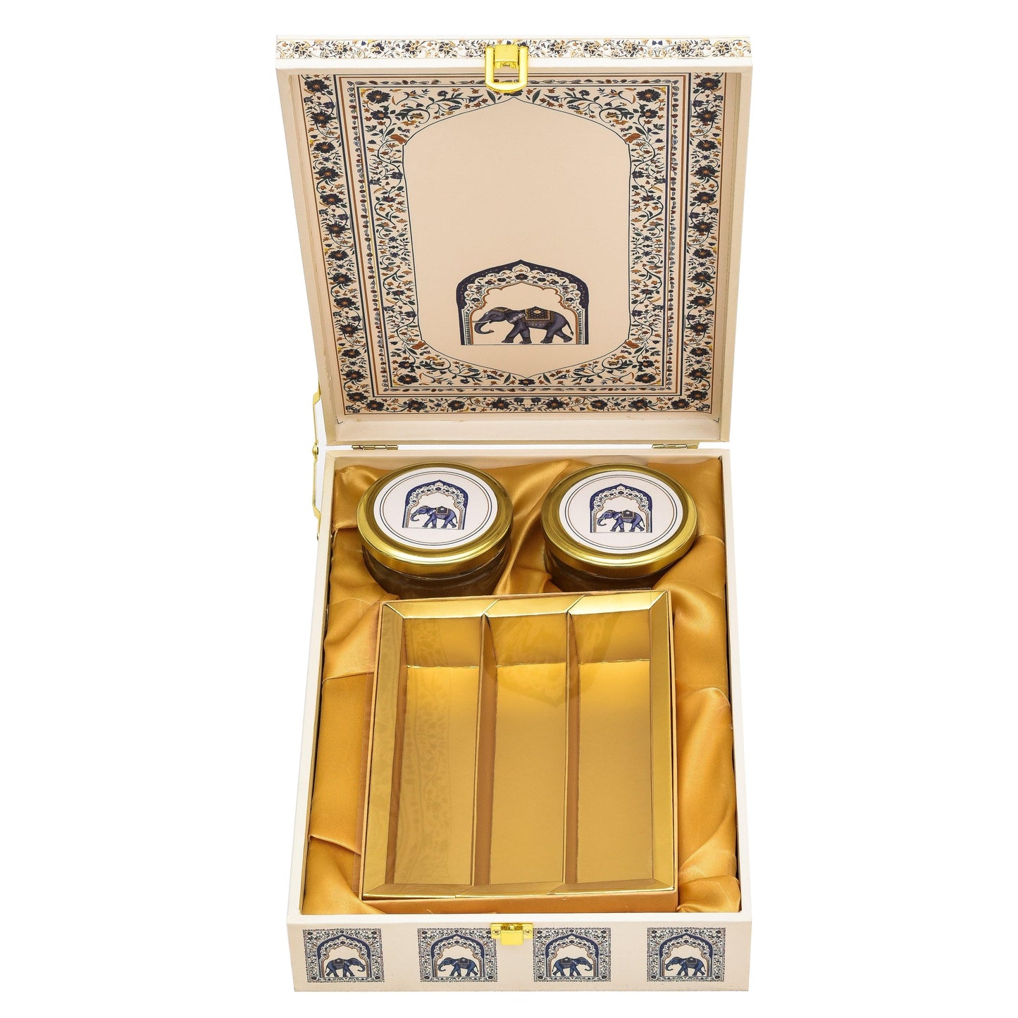 White Royal Elephant Combo Pack of 3 | Wooden Gift Box, Foil Envelope & Paper Bag | Luxury Festive Hampers | Grownex Packaging | Luxury Gifting Combo