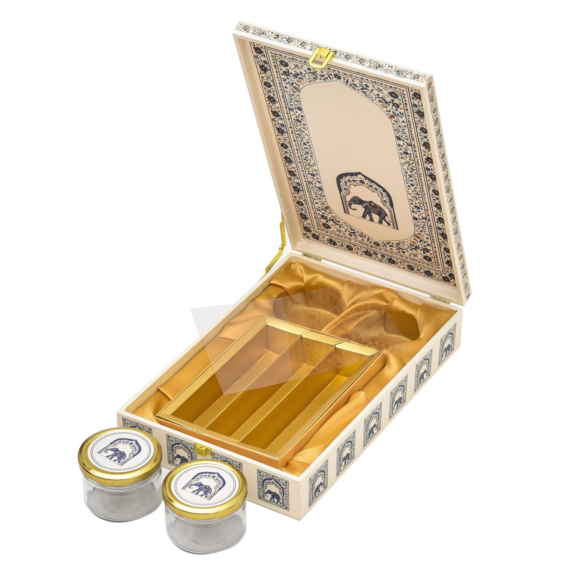 White Royal Elephant Combo Pack of 3 | Wooden Gift Box, Foil Envelope & Paper Bag | Luxury Festive Hampers | Grownex Packaging | Luxury Gifting Combo