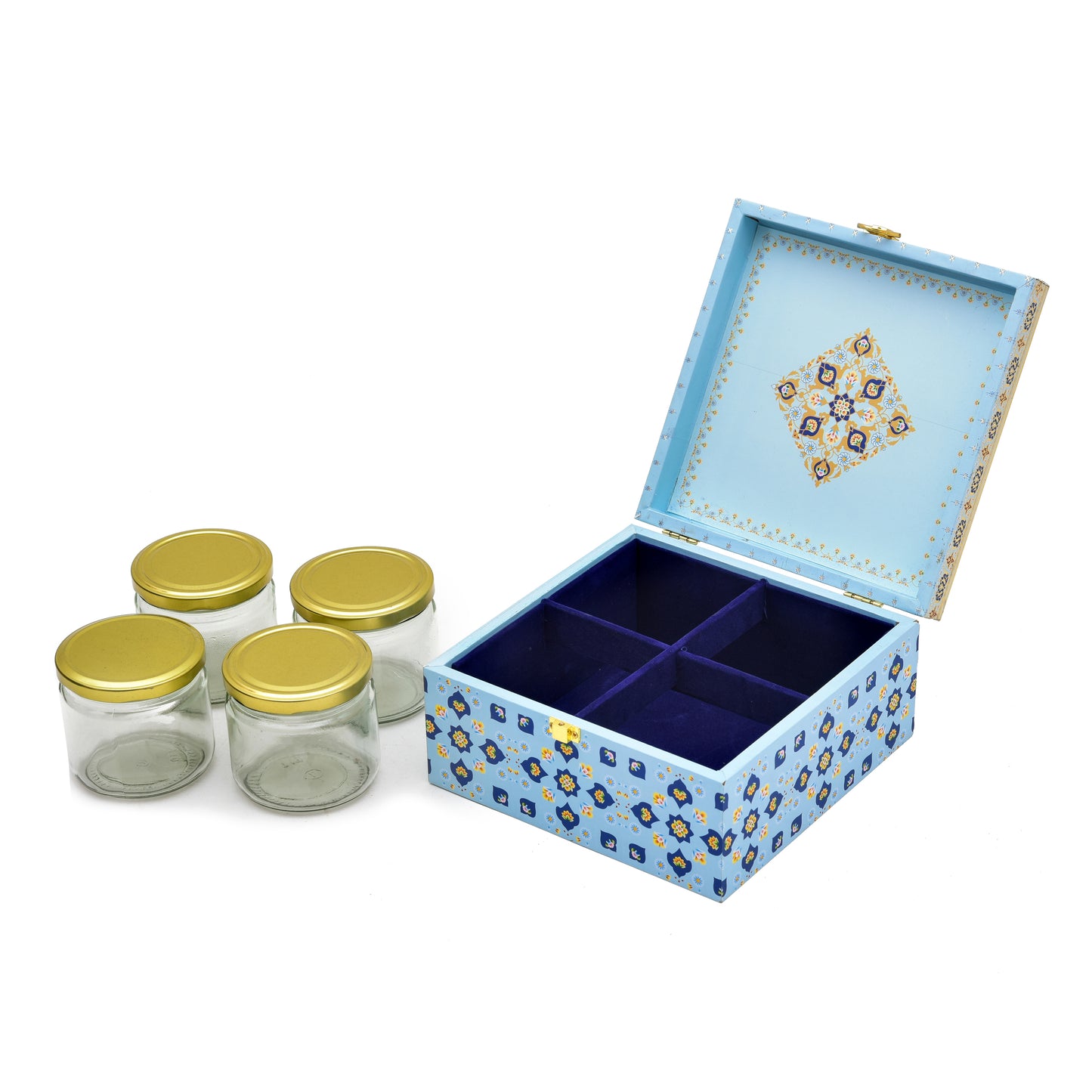 4 Jar Blue Foil Wooden Box – Premium Dry Fruit Gift Box