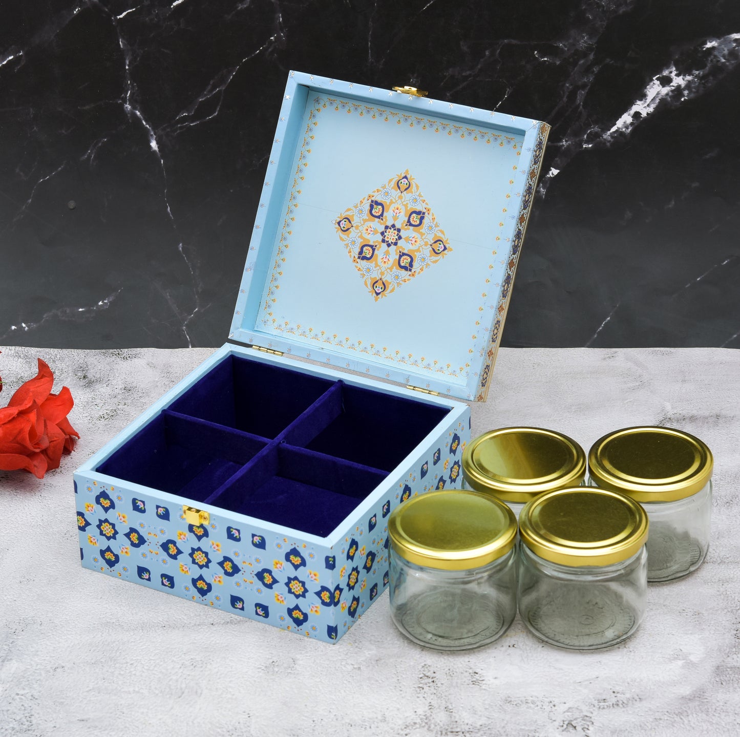 4 Jar Blue Foil Wooden Box – Premium Dry Fruit Gift Box
