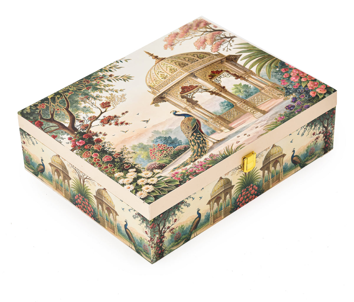 Royal Garden Print Matt Paper Bag with Matching Jar Wooden Box Combo – Festive Gift Packaging Set