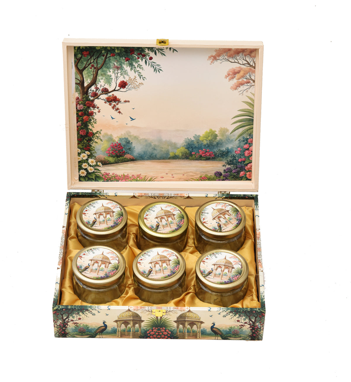 Royal Garden Print Matt Paper Bag with Matching Jar Wooden Box Combo – Festive Gift Packaging Set