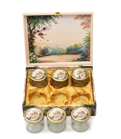 Royal Garden Print Wooden Dry Fruit Gift Box with 6 Jars | Premium Festive Hamper Box