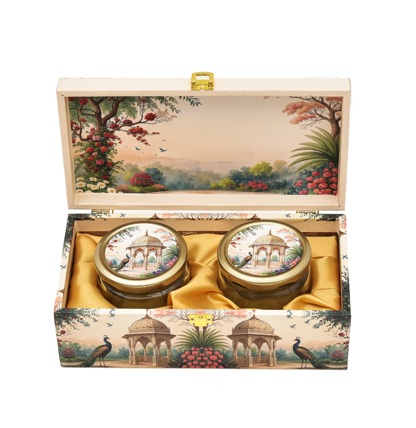 Royal Garden Print Wooden Box with 2 Glass Jars | Diwali & Wedding Hamper Gift Box